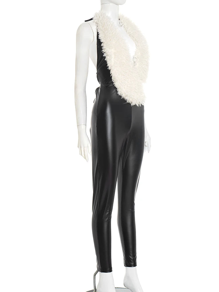 Cutenw PU Halter Furry Jumpsuit Women Sexy Lace-Up Backless Bandage Low Chest Sleeveless Hipster Street Clubwear Trend Overalls