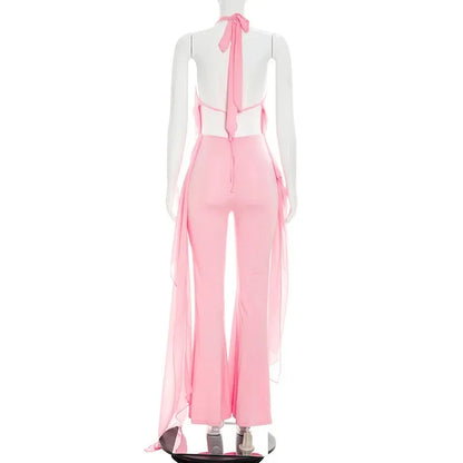 Summer Sexy Backless Halter Chiffon Jumpsuits Women Club Party Rompers Bodycon Fashion Sleeveless V Neck Overalls Beach Vacation