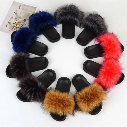 Women's Summer Faux Fur Fox Fur Slippers Fashion Luxury Indoor and Outdoor Non-Slip Solid Color Flat Bottom Furry Sandals