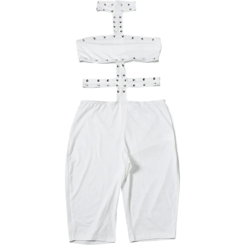 Sexy Halter Neck Cutout Bodycon Jumpsuit Women 2026 Summer Solid Studded Hollow Out Biker Short Romper Party Clubwear Outfits