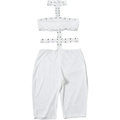 Sexy Halter Neck Cutout Bodycon Jumpsuit Women 2026 Summer Solid Studded Hollow Out Biker Short Romper Party Clubwear Outfits