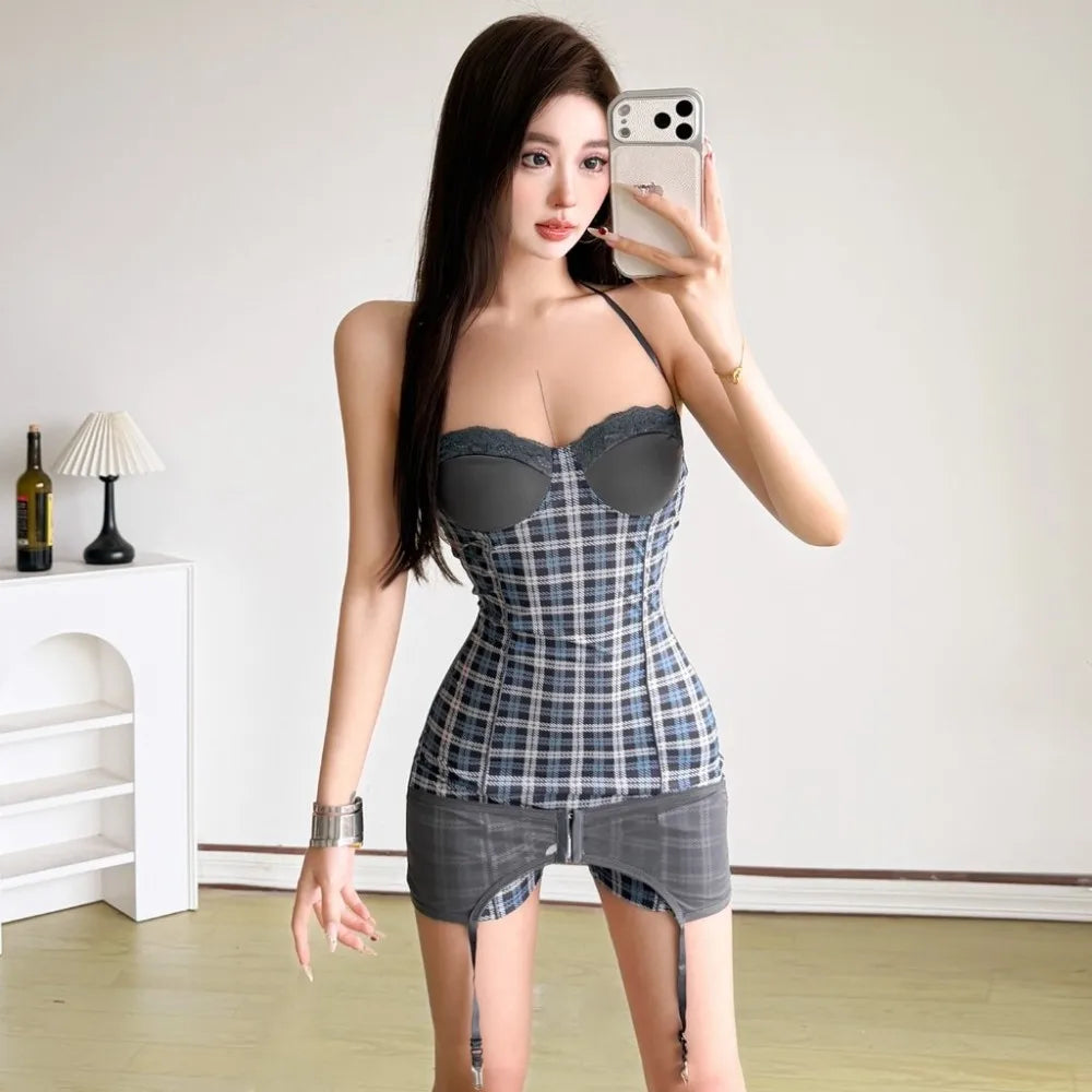 SylCue Plaid Patchwork Playsuits Woman Summer Trend Halter Wrap Chest Backless Shape Waist High Street Fashion Style Rompers