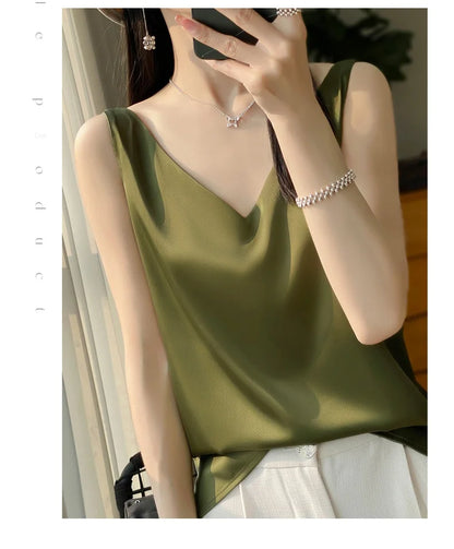 New Lce Silk Satin Camisole Women's Spring/Summer Solid Color Sleeveless Sexy Comfortable Silk Underwear Vest RW-D09