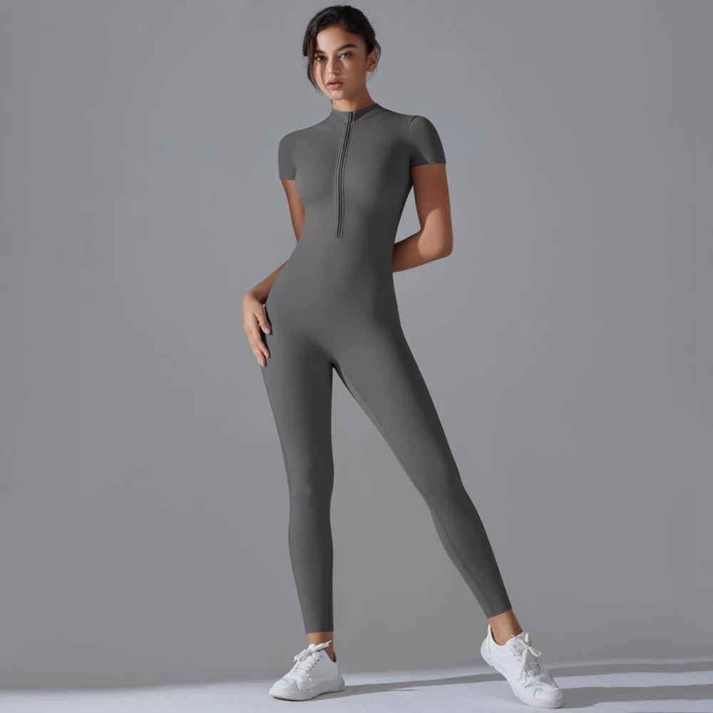 Womens Jumpsuits Short Sleeve Yoga Slim Fit Stretch One Piece Romper Sexy Fitness Female Basic Sportwears Black Zipper Ladies