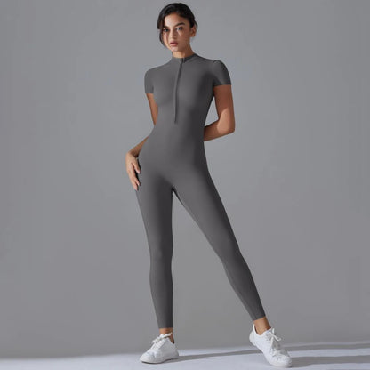 Womens Jumpsuits Short Sleeve Yoga Slim Fit Stretch One Piece Romper Sexy Fitness Female Basic Sportwears Black Zipper Ladies