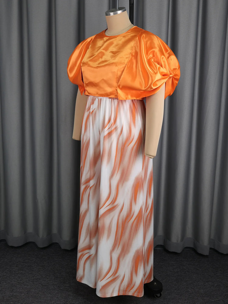 Plus-size Fashion Women's Outfit: Orange Puff-sleeve Short Top + Gradient Striped High-waisted Wide-leg Drapey Long Pants Set