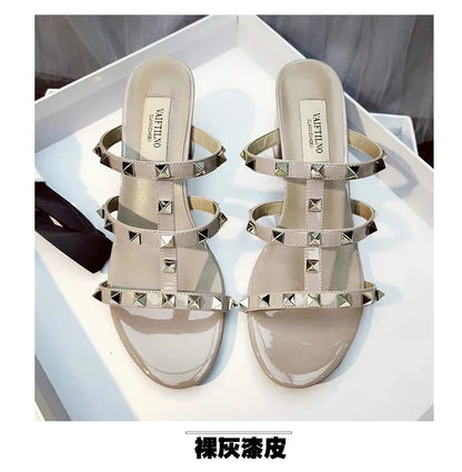 Women's Sandals Gladiator Summer With Heels Real Leather Rivets Luxury Brand High-heeled slippers Designer Silver Ladies Shoes