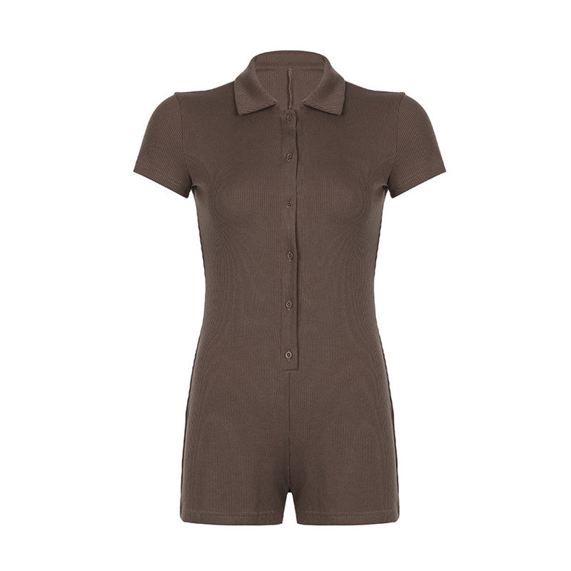 Fashion Solid Color Lapel Short Playsuit One-Piece Slim Fit Button Down Short Sleeve Rompers Casual Knit Y2k Womens Clothing