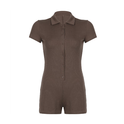 Fashion Solid Color Lapel Short Playsuit One-Piece Slim Fit Button Down Short Sleeve Rompers Casual Knit Y2k Womens Clothing