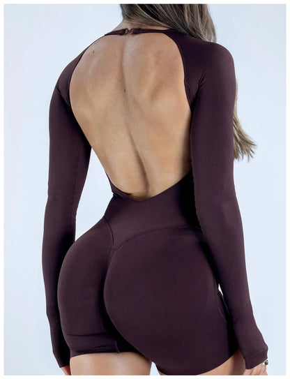 Seamless Long Sleeve One Piece Gym Clothes Women Padded Yoga Bodysuit Open Back Fitness Workout Jumpsuit Scrunch Butt Sportswear