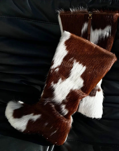 Western Style Side Zip Closure Print Tall Boots Brown White Cow Knee High Boots Metal Rivets Round-Toe Height-Increasing Design