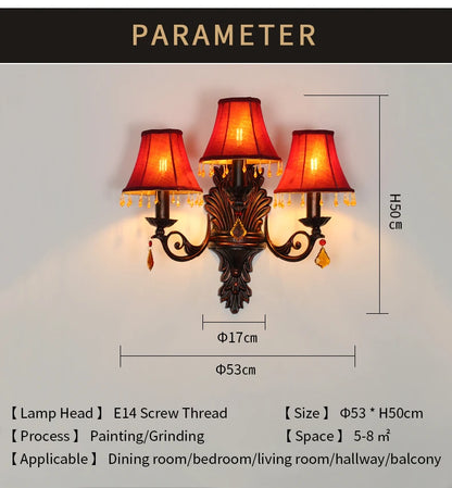 Retro American European Iron Art Red Cloth Crystal Wall Lamp for Hall Restaurant Bedroom Walkway Hotel Bar Decorative Wall Light