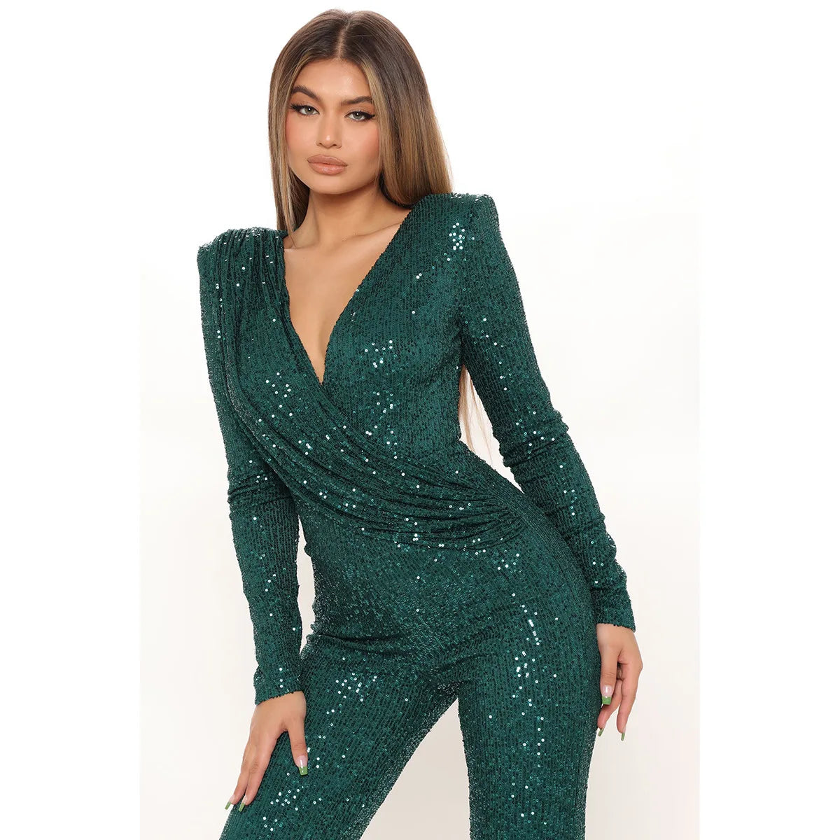 Women Jumpsuits V Neck Rompers Overalls One Piece Formal High Waist Pullover Sexy Sequins Solid Full Length Spring 2024