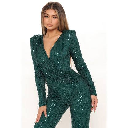 Women Jumpsuits V Neck Rompers Overalls One Piece Formal High Waist Pullover Sexy Sequins Solid Full Length Spring 2024