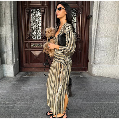 Multicolor Striped Shirt 2 Picec Set Button Front Blouse High Waist Flared Hem Maxi Skirt 2026 Summer Elegant Lady Vacation Suit
