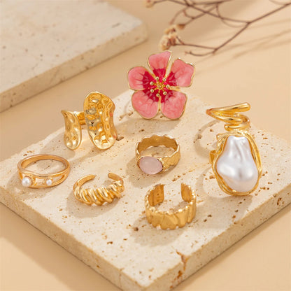 8Pcs/Set Vintage Pink Metal Flower Ring Set for Women Punk Elegant Baroque Pearl Knuckle Joint Ring Party Daily Wear Jewelry