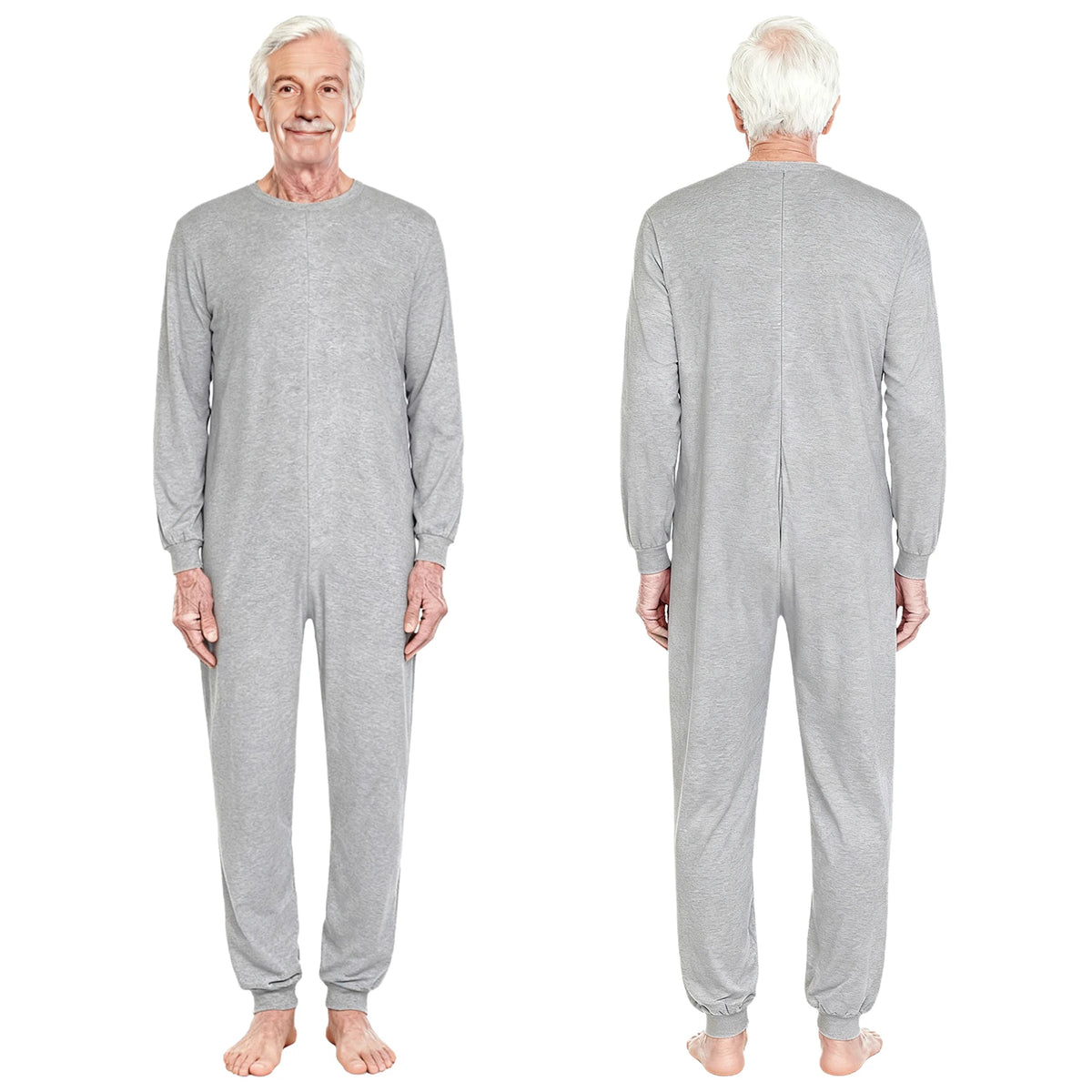 Adult Unisex Elderly Anti-Strip Adaptive Jumpsuit Solid Color Crew Neck Long Sleeve Back Zipper Rompers Special Needs Clothing