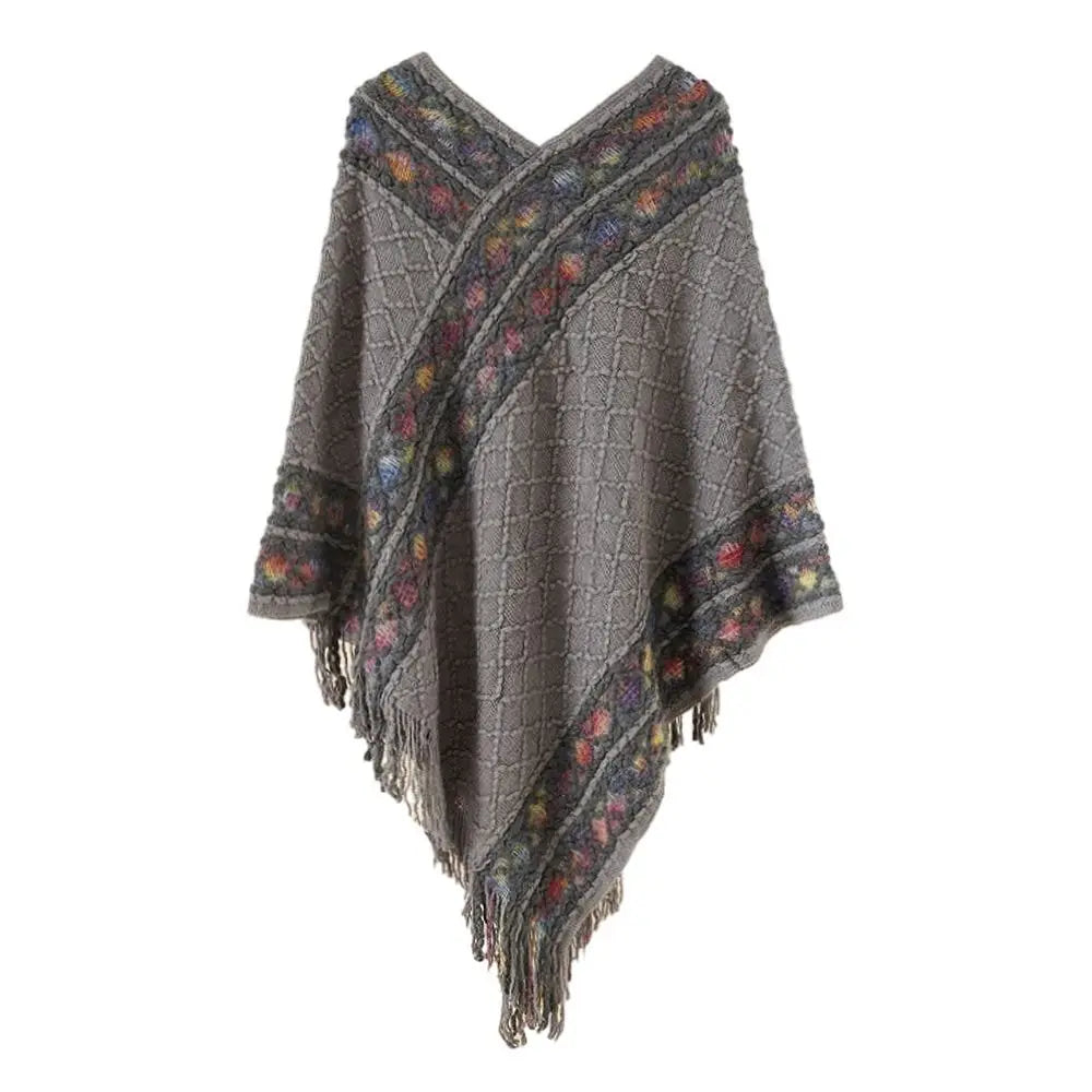 Plush Winter Warm Mongolian Poncho Ethnic Style Imitation Cashmere Rhombic Stripe Tassel Shawl Knitting Wraps Women Fashion