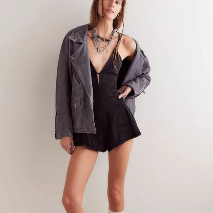 Women Summer Y2K Retro V-Neck Denim Shorts Jumpsuits Cross Tied Zip-up Backless Loose Wide Leg Playsuit Cute Rompers