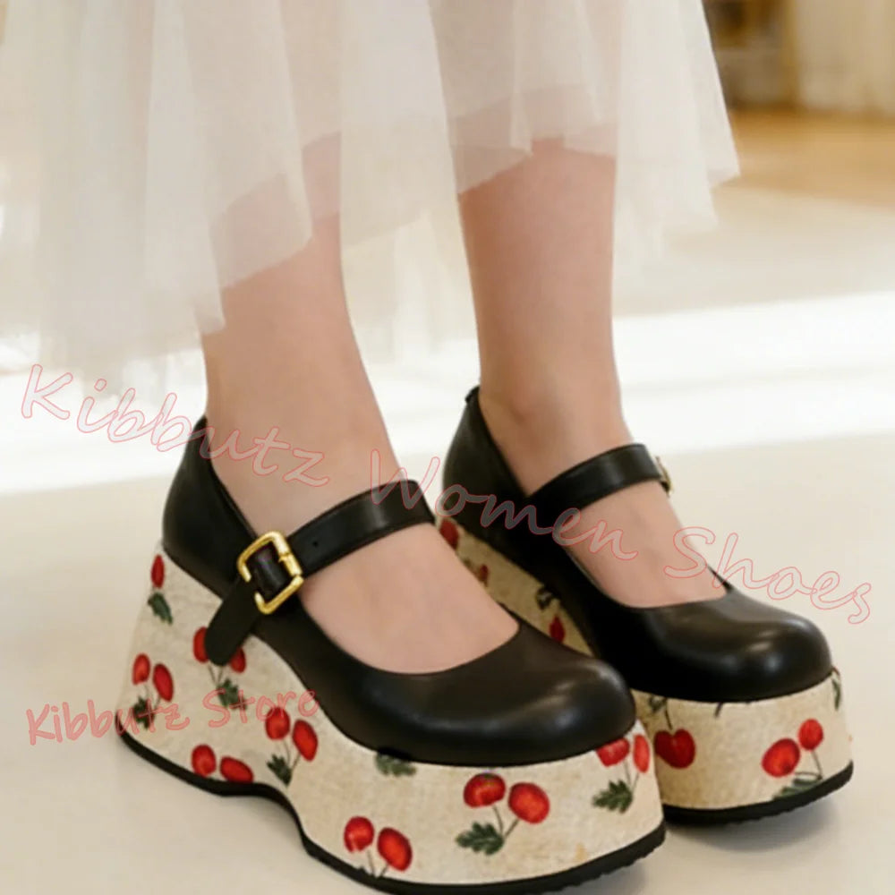 Mary Jane Pumps Cherries Platform Mixed Color Leather Belt Buckle for Women Shoes Round Toe Height Increasing Elegant Sexy New