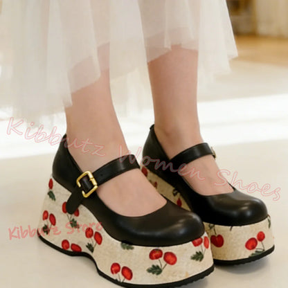 Mary Jane Pumps Cherries Platform Mixed Color Leather Belt Buckle for Women Shoes Round Toe Height Increasing Elegant Sexy New