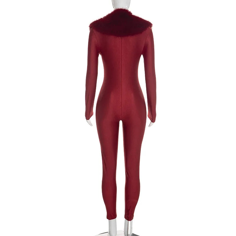 FAGADOER Women Fall Winter Bodycon Jumpsuit Faux Fur Collar Long Sleeve Deep V Neck Slim Fit Sexy Club Party One Piece Outfit