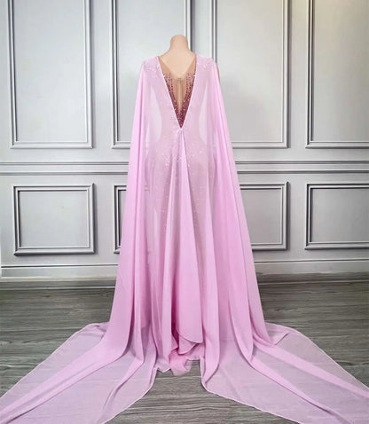 Luxury Dinners Shine Rhinestone Pink Ball Dress for Women Elegant Cloak Dress Birthday Celebrate Prom Queen Fishtail Gown Chanyi