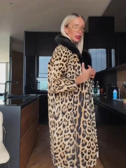Vintage Leopard Print Coat Women Faux Fur Trim Collar Long Sleeve Loose Mid-length Warm Jacket Club Street Ladies Outerwear