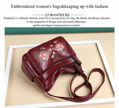 Embroidery Flowers Shoulder Messenger Bag Female Handbags Luxury Designer Purses Soft PU Leather Crossbody Women's Evening Bag