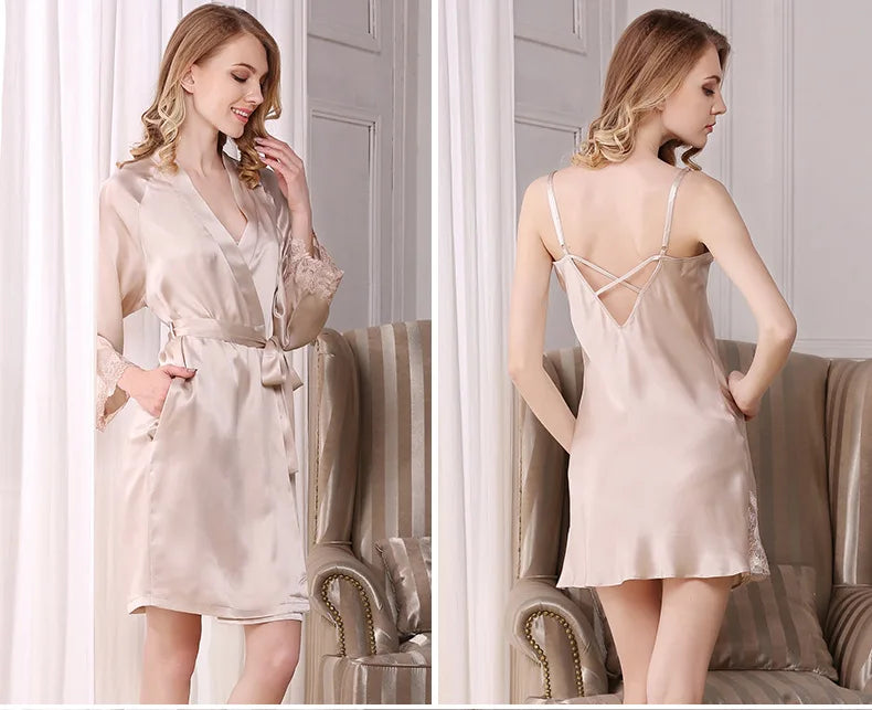 100% Silk Pajamas for Women Spring Summer Cami Nightgown & Robe Two-Piece Set Loungewear Silk Bathrobe Sleepwear