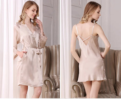 100% Silk Pajamas for Women Spring Summer Cami Nightgown & Robe Two-Piece Set Loungewear Silk Bathrobe Sleepwear