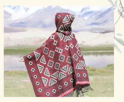 GypsyLady Bohemian Vintage Chic Cloaks Capes Hooded Blue Women Autumn Warm Knitted Ethnic Capes Tassels Cloak Poncho Outwear New