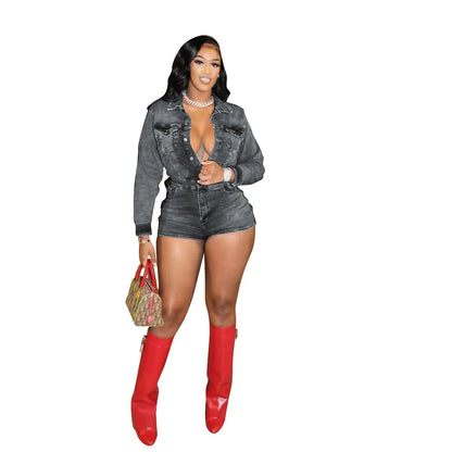 FAGADOER Trendy Denim Bodycon Rompers Women Button Stretchy One Piece Jeans Jumpsuits Fashion Female Streetwear Overalls New
