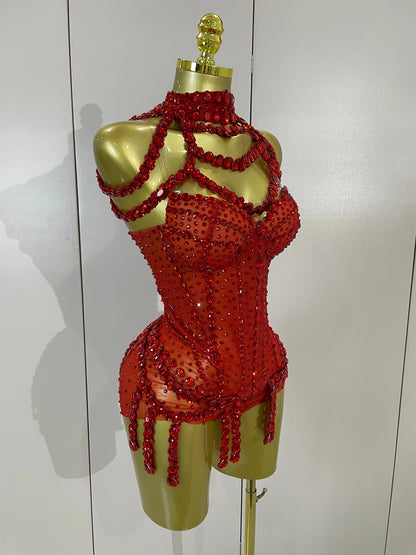 Luxury Sparkly Red Rhinestones Mesh Stretch Bodysuit Women Birthday Party Nightclub Bar Singer Dancer Performance Stage Costume