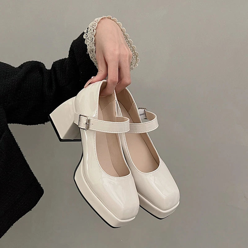 Lady's sexy ankle strap platform high-heeled shoes black leather square toe fashionable party style shoes large size for summer