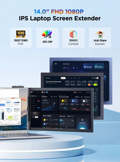 UPERFECT 14'' Portable Monitor Laptop Foldable Screen Extender 1080 FHD Travel Display For 13.3"-17" Laptops PC Mac XBOX Switch