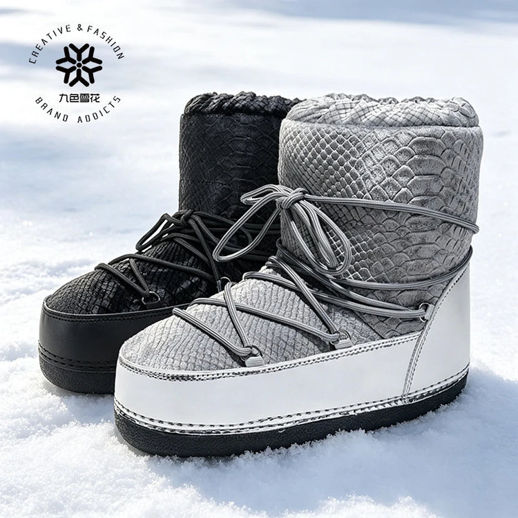 2026 New Women High‑Tubed Moon Boots Space Snow Boots Round‑Toe Lightweight Thick‑Sole Warm Insulated Skiing Winter Outdoor Cott