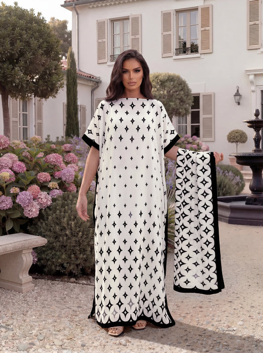 Boho Star Geometric Print Satin Abaya Scarf Set, Loose Batwing Maxi Kaftan Muslim Women Summer Beach Holiday Wear
