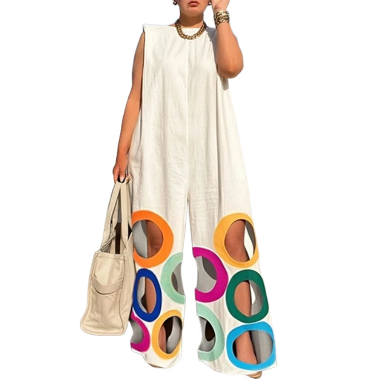 Yeezzi Women Fashion Rainbow Hollow Wide Leg Jumpsuits 2026 New Summer Sleeveless Loose Urban Office Overalls With Shoulder Pad