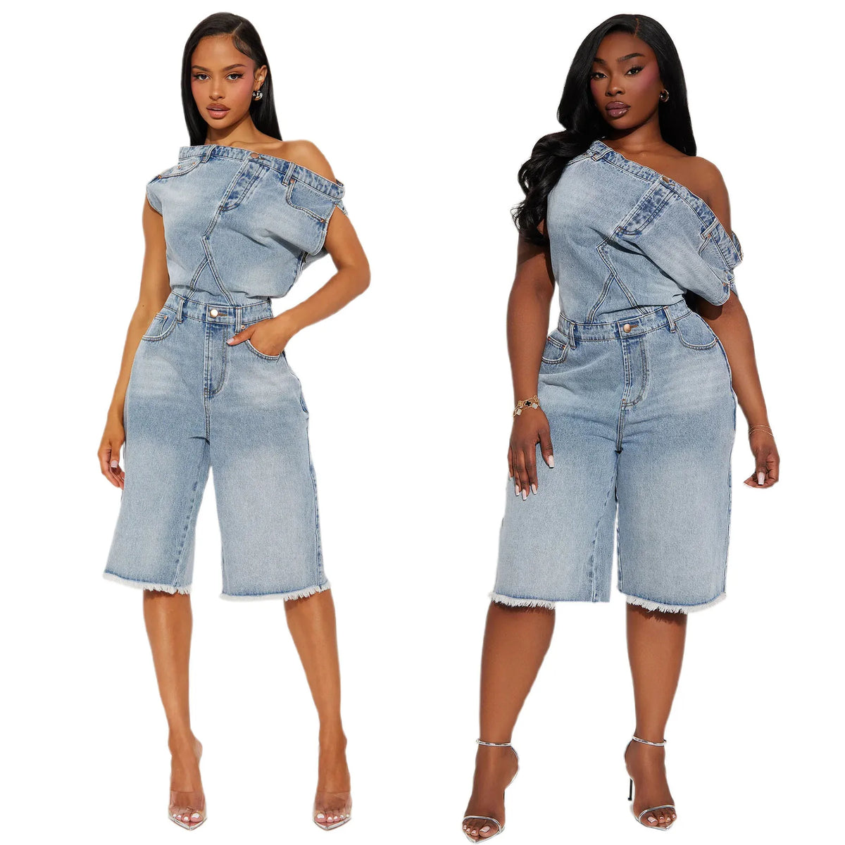 Jumpsuits Women Denim One Piece Short Sleeve Overalls Knee Length Pants Tight Waist Rompers Y2k Streetwear Slash Neck 2026