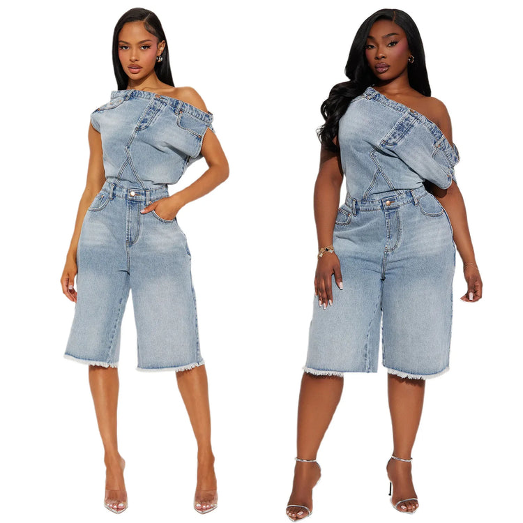 Jumpsuits Women Denim One Piece Short Sleeve Overalls Knee Length Pants Tight Waist Rompers Y2k Streetwear Slash Neck 2026