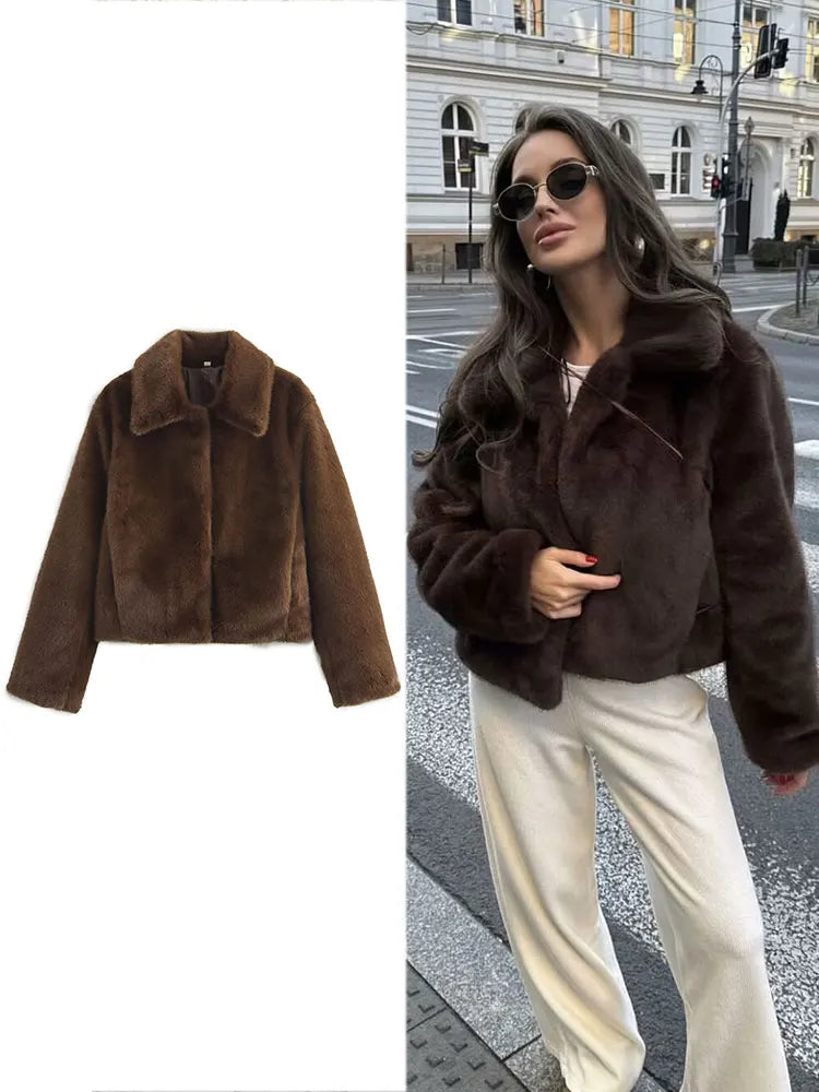 HH Women Casual Brown Short Faux Fur Coat Turn-Down Collar Long Sleeve Jacket 2025 Autumn Winter Loose High Street Outwear