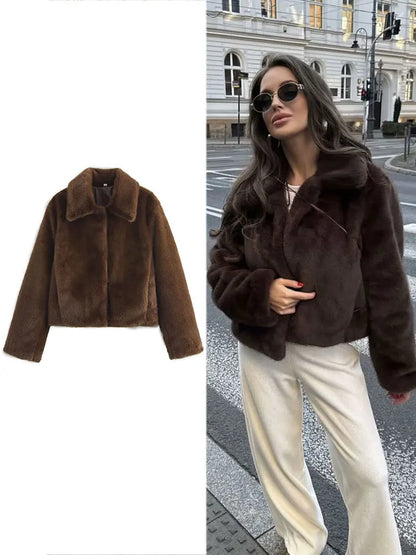 HH Women Casual Brown Short Faux Fur Coat Turn-Down Collar Long Sleeve Jacket 2025 Autumn Winter Loose High Street Outwear