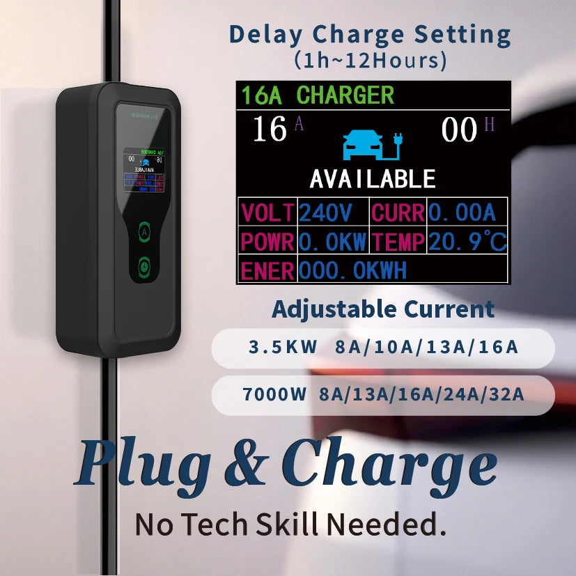 WUFEN Portable Type 2 Charger 110V US NEMA 5-15P Plug Max 3.5kw Type2 EV Charger 16A 1Phase Charging Plug For IEC 62196 Vehicle
