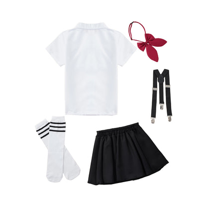 Children Girls Choir Outfits School Uniform Bow Tie Shirt with Suspender Skirt and Socks Schoolgirls Stage Performance Costume