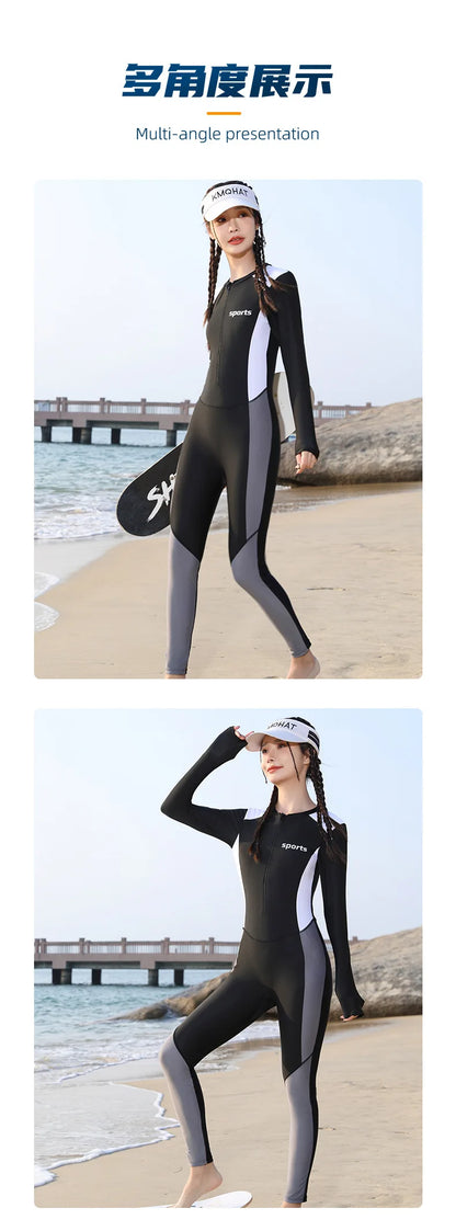 Women One Piece Long Sleeve WaterProof Outdoor Sports Beach Push Up SwimWear Female Full Body Quick-Dry Bathing Rash Guard