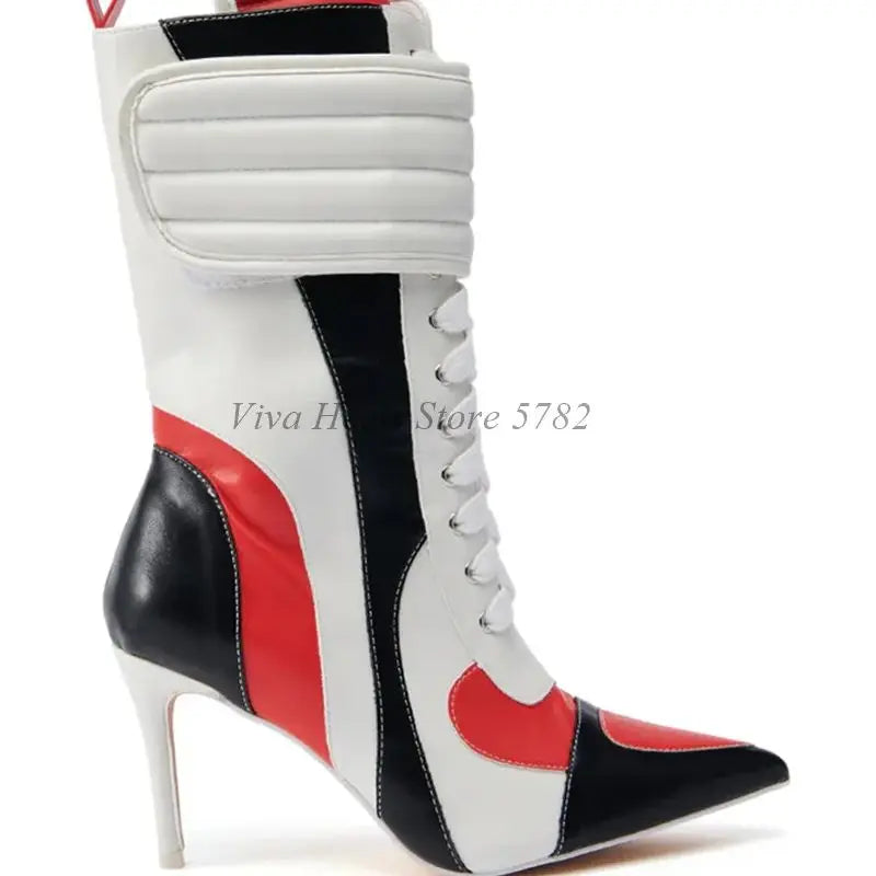 Cool Punk Mixed Colors Leather Motorcycle Boots Pointed Toe Lace up Sexy White Short Boots Women's High Heels Luxury Designer
