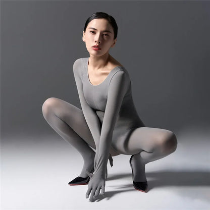 Sexy Women's Warm Full Body Bodysuit High Elastic Shaping Exotic Tights Sheer Cosplay Maid Leotard Long Sleeves Glove Jumpsuits