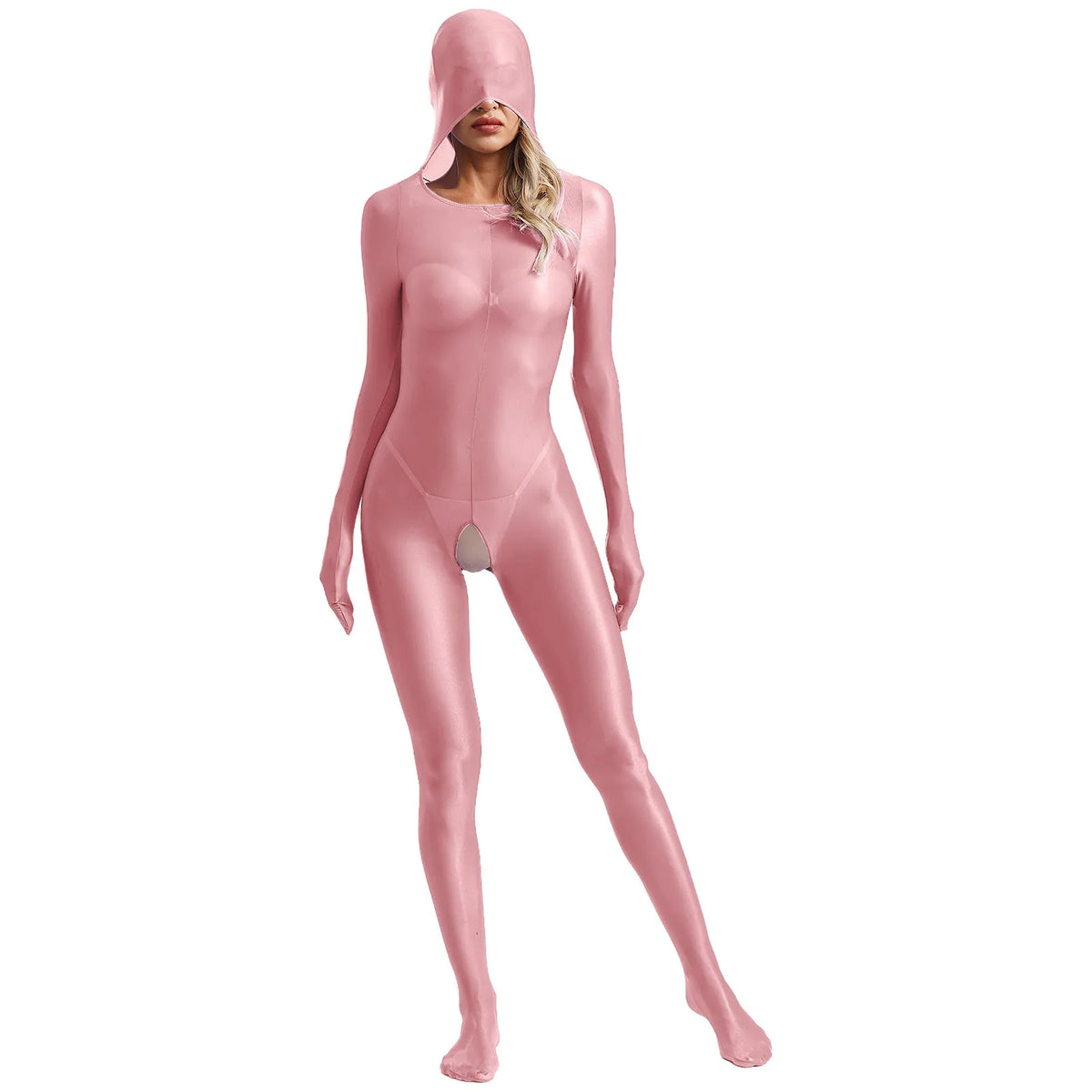 Women Glossy Full Bodystockings Covering Bodysuit with Gloves See Through Hollow Out Pouch Enhancing Bodysuit Footed Jumpsuit