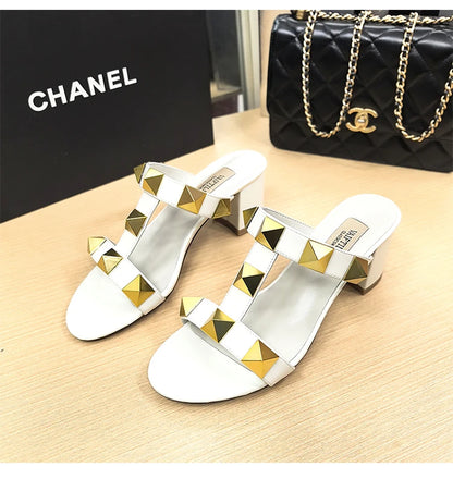 Women's Heels Sandals Gladiator Summer Luxury Brand Designer Rivets Open Toe Slipper Slingbacks Comfortable Ladies Shoes Women